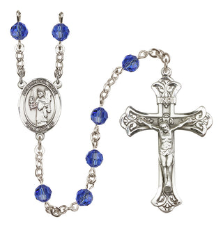 Sterling Silver 6mm Austrian Crystal Saint Uriel the Archangel Rosary in Sapphire