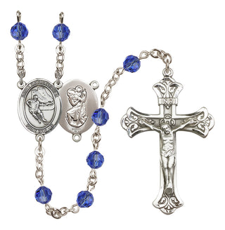 Sterling Silver 6mm Austrian Crystal Saint Christopher/Hockey Rosary in Sapphire