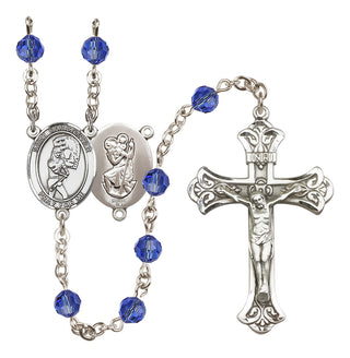 Sterling Silver 6mm Austrian Crystal Saint Christopher/Softball Rosary in Sapphire