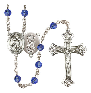 Sterling Silver 6mm Austrian Crystal Saint Christopher/Swimming Rosary in Sapphire
