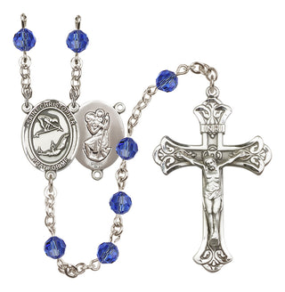Sterling Silver 6mm Austrian Crystal Saint Christopher/Gymnastics Rosary in Sapphire