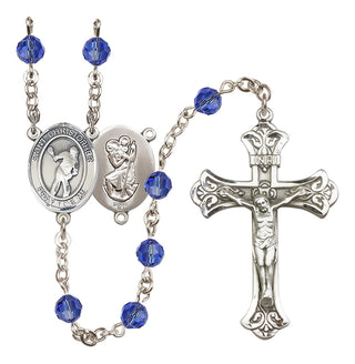 Sterling Silver 6mm Austrian Crystal Saint Christopher/Lacrosse Rosary in Sapphire