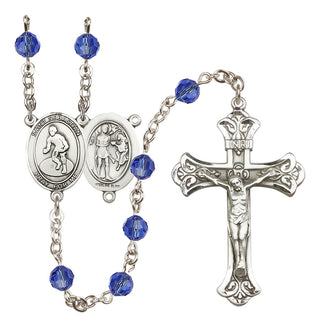 Sterling Silver 6mm Austrian Crystal Saint Sebastian/Wrestling Rosary in Sapphire