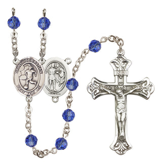 Sterling Silver 6mm Austrian Crystal Saint Sebastian/Soccer-Women Rosary in Sapphire