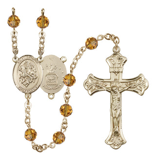 14 Karat Gold-Filled 6mm Austrian Crystal Saint George / Air Force Rosary in Topaz