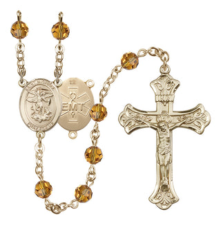 14 Karat Gold-Filled 6mm Austrian Crystal Saint Michael / EMT Rosary in Topaz