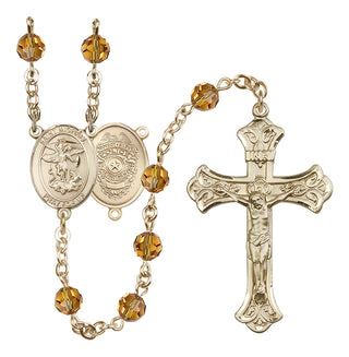 14 Karat Gold-Filled 6mm Austrian Crystal Saint Michael the Archangel/Policeman Rosary in Topaz