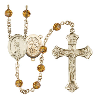14 Karat Gold-Filled 6mm Austrian Crystal Saint Sebastian/Lacrosse Rosary in Topaz