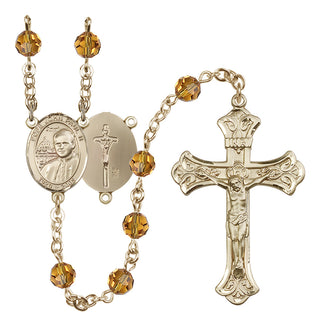 14 Karat Gold-Filled 6mm Austrian Crystal Saint John Paul II Rosary in Topaz