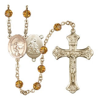 14 Karat Gold-Filled 6mm Austrian Crystal Guardian Angel/Soccer Rosary in Topaz