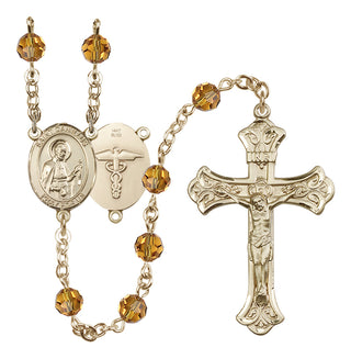 14 Karat Gold 6mm Austrian Crystal Saint Camillus of Lellis / Nurse Rosary in Topaz