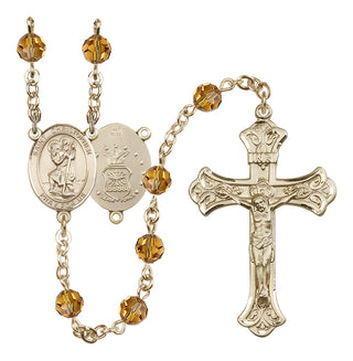 14 Karat Gold 6mm Austrian Crystal Saint Christopher / Air Force Rosary in Topaz