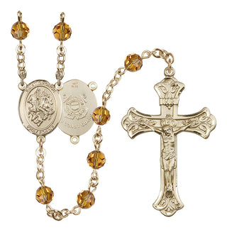14 Karat Gold 6mm Austrian Crystal Saint George / Coast Guard Rosary in Topaz