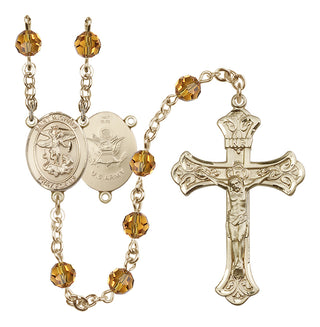14 Karat Gold 6mm Austrian Crystal Saint Michael / Army Rosary in Topaz