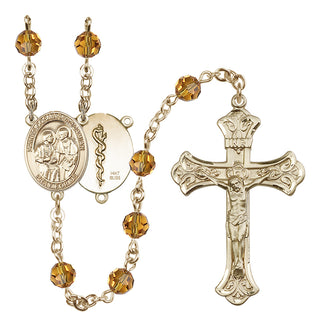14 Karat Gold 6mm Austrian Crystal Saints Cosmas & Damian / Doctors Rosary in Topaz