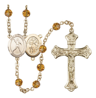 14 Karat Gold 6mm Austrian Crystal Saint Sebastian/Football Rosary in Topaz