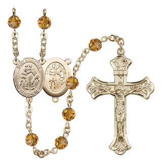 14 Karat Gold 6mm Austrian Crystal Saint Sebastian/Wrestling Rosary in Topaz