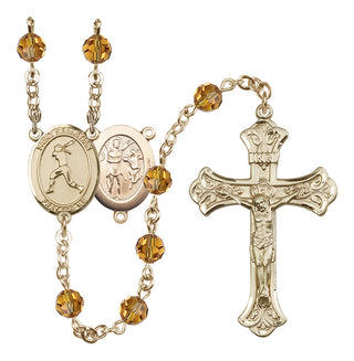 14 Karat Gold 6mm Austrian Crystal Saint Sebastian / Softball Rosary in Topaz