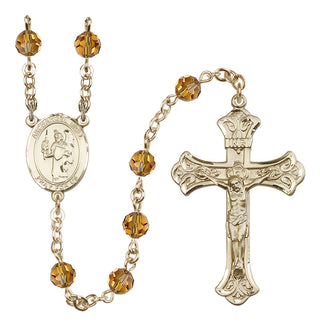 14 Karat Gold 6mm Austrian Crystal Saint Uriel the Archangel Rosary in Topaz