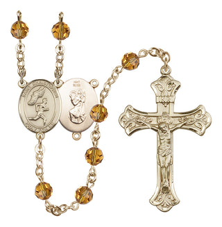 14 Karat Gold 6mm Austrian Crystal Saint Christopher/Track&Field-Men Rosary in Topaz