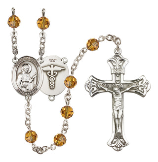 Sterling Silver 6mm Austrian Crystal Saint Camillus of Lellis / Nurse Rosary in Topaz