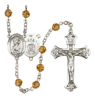 Sterling Silver 6mm Austrian Crystal Saint Christopher / Air Force Rosary in Topaz
