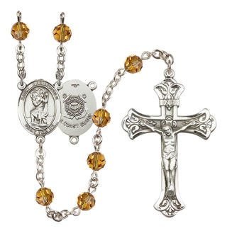 Sterling Silver 6mm Austrian Crystal Saint Christopher / Coast Guard Rosary in Topaz