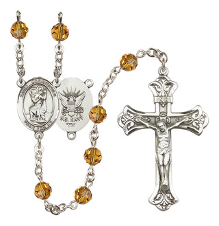 Sterling Silver 6mm Austrian Crystal Saint Christopher / Navy Rosary in Topaz