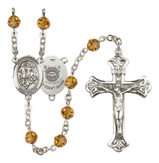 Sterling Silver 6mm Austrian Crystal Saint George / Coast Guard Rosary in Topaz