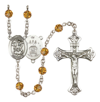 Sterling Silver 6mm Austrian Crystal Saint Michael / Air Force Rosary in Topaz