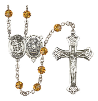 Sterling Silver 6mm Austrian Crystal Saint Michael the Archangel/Policeman Rosary in Topaz
