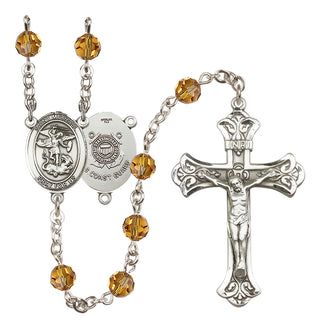 Sterling Silver 6mm Austrian Crystal Saint Michael / Coast Guard Rosary in Topaz