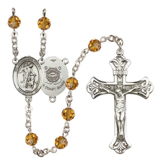 Sterling Silver 6mm Austrian Crystal Guardian Angel/Coast Guard Rosary in Topaz