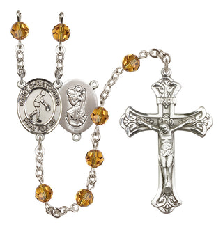 Sterling Silver 6mm Austrian Crystal Saint Christopher/Basketball Rosary in Topaz