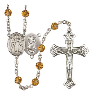 Sterling Silver 6mm Austrian Crystal Saint Christopher/Wrestling Rosary in Topaz