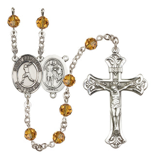 Sterling Silver 6mm Austrian Crystal Saint Sebastian/Baseball Rosary in Topaz