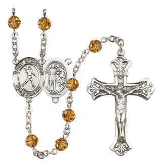 Sterling Silver 6mm Austrian Crystal Saint Sebastian/Football Rosary in Topaz