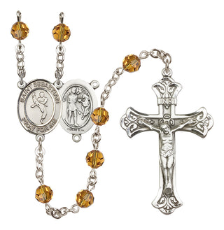 Sterling Silver 6mm Austrian Crystal Saint Sebastian/Martial Arts Rosary in Topaz