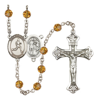 Sterling Silver 6mm Austrian Crystal Saint Sebastian/Track & Field Rosary in Topaz