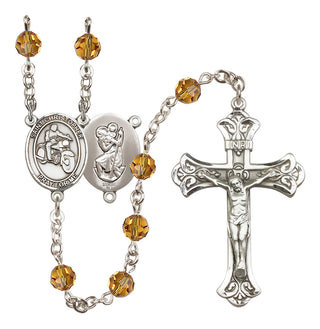 Sterling Silver 6mm Austrian Crystal Saint Christopher/Motorcycle Rosary in Topaz