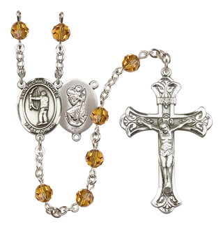 Sterling Silver 6mm Austrian Crystal Saint Christopher/Archery Rosary in Topaz