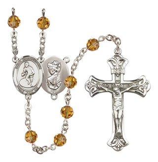 Sterling Silver 6mm Austrian Crystal Saint Christopher/Wrestling Rosary in Topaz