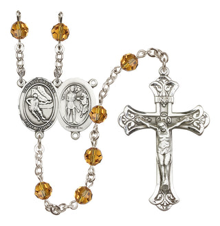 Sterling Silver 6mm Austrian Crystal Saint Sebastian / Hockey Rosary in Topaz
