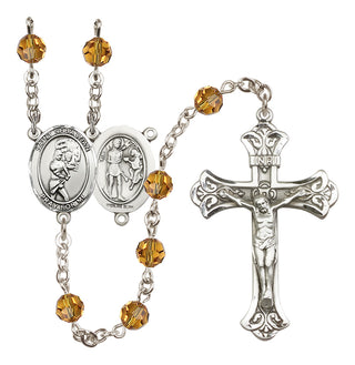 Sterling Silver 6mm Austrian Crystal Saint Sebastian/Softball Rosary in Topaz