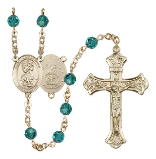 14 Karat Gold 6mm Austrian Crystal Saint Christopher / Air Force Rosary in Zircon