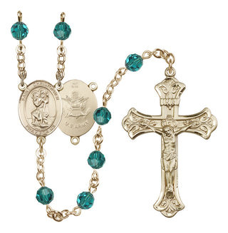 14 Karat Gold 6mm Austrian Crystal Saint Christopher / Army Rosary in Zircon