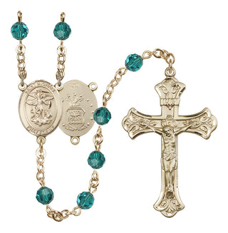 14 Karat Gold 6mm Austrian Crystal Saint Michael / Air Force Rosary in Zircon