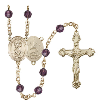14 Karat Gold 6mm Austrian Crystal Saint Christopher / Air Force Rosary in Amethyst