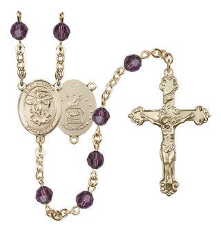 14 Karat Gold 6mm Austrian Crystal Saint Michael / Air Force Rosary in Amethyst