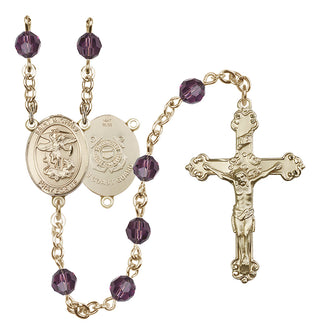 14 Karat Gold 6mm Austrian Crystal Saint Michael / Coast Guard Rosary in Amethyst